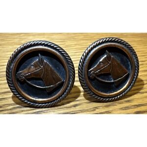 Set Of 2 VTG  HORSE HEAD COPPER CUFFLINKS ROUND RETRO COWBOY Rope Trim Western